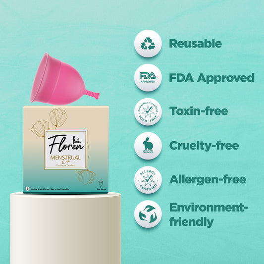 Floren Reusable Menstrual Cup for Women with Pouch | FDA Approved, 100% Medical Grade Silicone, Ultra Soft, Odour and Rash Free, No Leakage, Protects Up to 8-10 Hours - Pack of 1