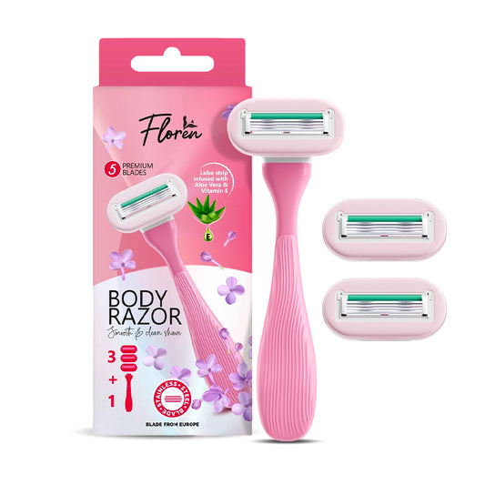 Floren Body Razor | 3 cartridges + 1 handle (5 blades) | Eurpoean Blades | Body hair removal, Aloe Vera Strip, Super Smooth Razor, Hair Removal from hands, legs, Bikini and arms