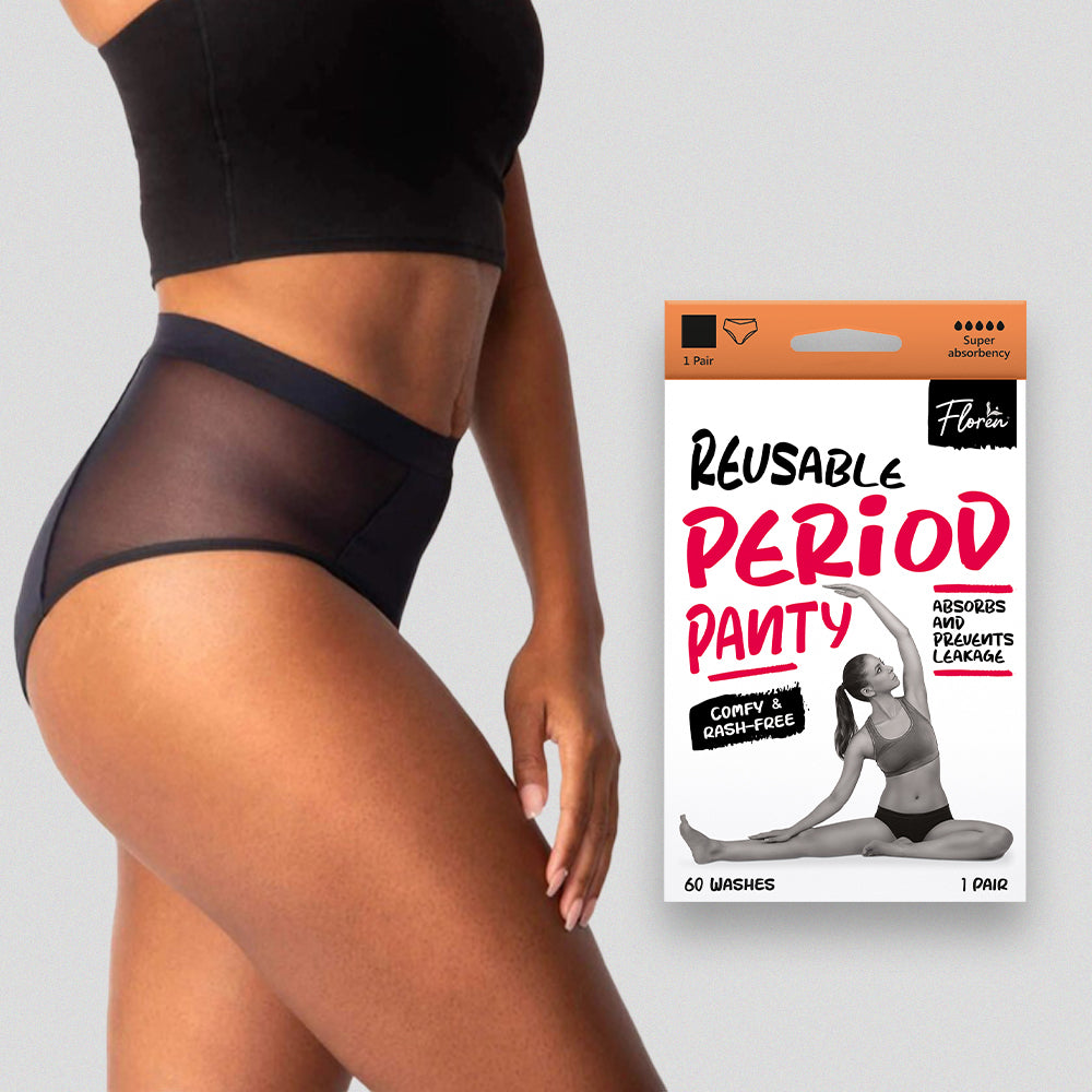 Floren Reusable Period Panty | Leakproof Period Panty | Wide coverage |Stain free period panty for women | No need for pads | Washable upto 60 times | (Black)