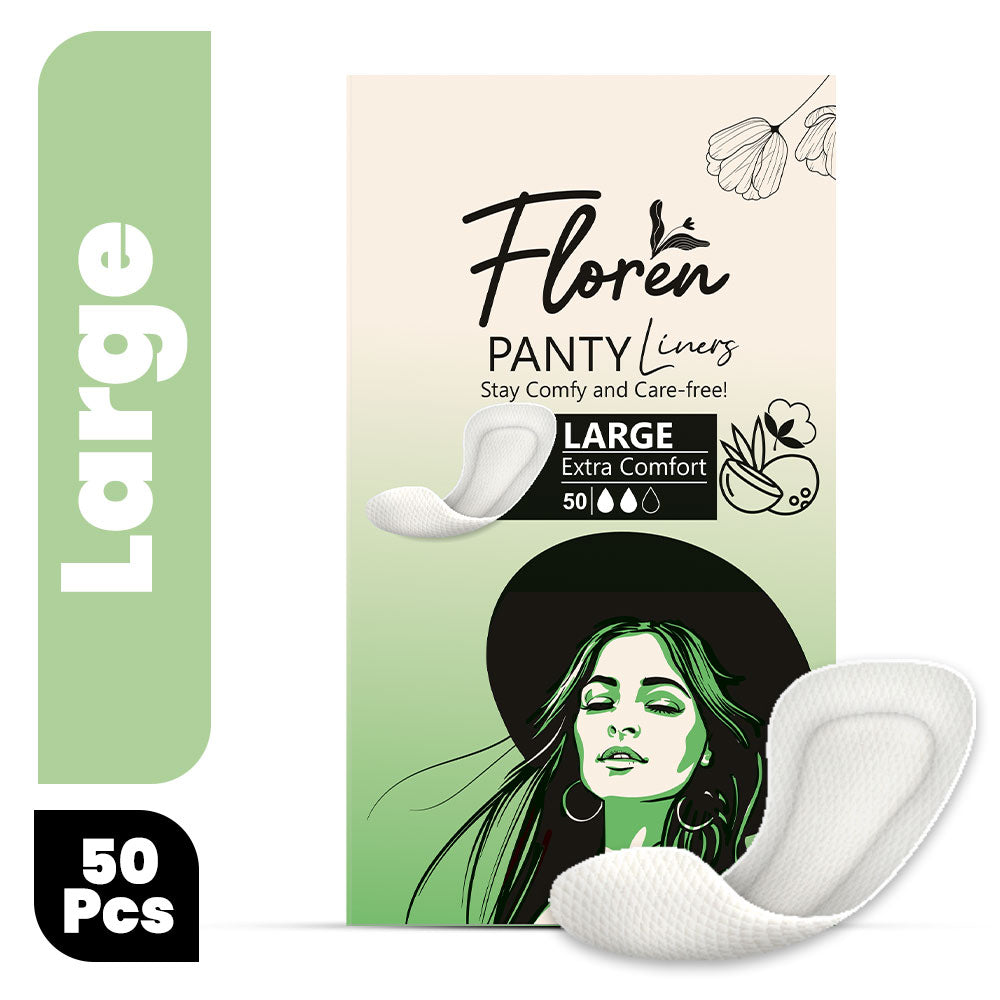 FLOREN Panty Liners | Curvy Design for Extra Comfort | Cottony-Soft Surface with 185mm Wide Optimal Coverage (50 Liners) - Pack of 1