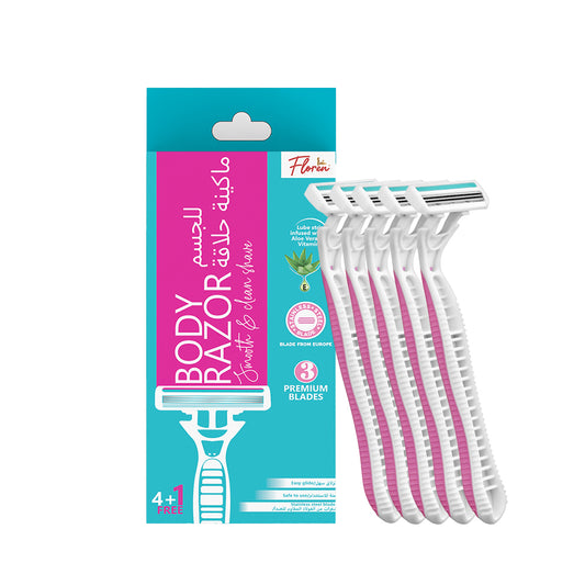 Floren Disposable Body Razors for Women - Pack of 5 | With Aloe Vera & Vitamin E Strip | 3 Premium SS European Blade | Smooth & Clean Shave | Hair Removal | For Arms, legs and Bikini Line |(Buy 4, Get 1 Free)|
