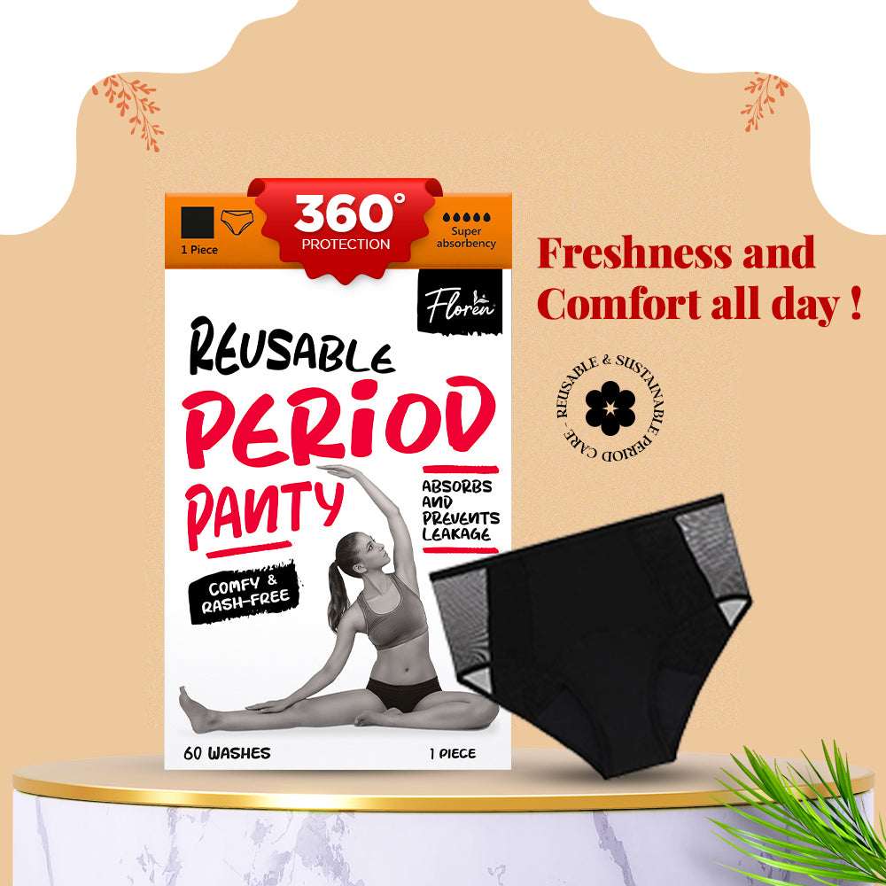 Floren Reusable Period Panty | Leakproof Period Panty | Wide coverage |Stain free period panty for women | No need for pads | Washable upto 60 times | (Black)
