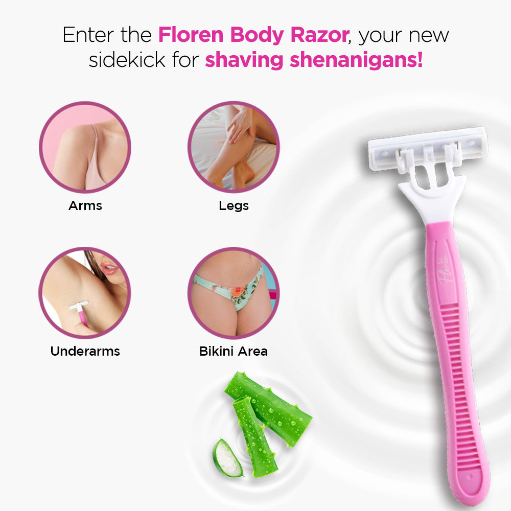 Floren Disposable Body Razors for Women - Pack of 5 | With Aloe Vera & Vitamin E Strip | 3 Premium SS European Blade | Smooth & Clean Shave | Hair Removal | For Arms, legs and Bikini Line |(Buy 4, Get 1 Free)|