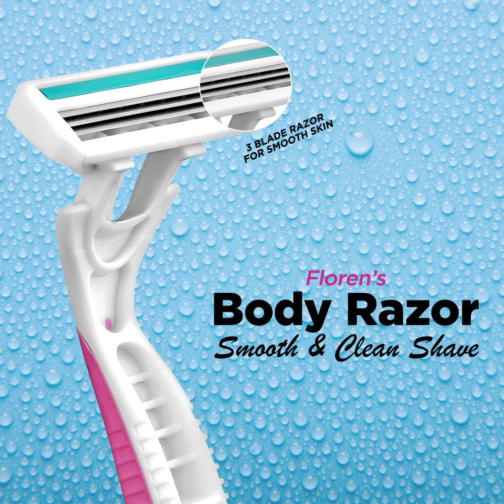 Floren Disposable Body Razors for Women - Pack of 5 | With Aloe Vera & Vitamin E Strip | 3 Premium SS European Blade | Smooth & Clean Shave | Hair Removal | For Arms, legs and Bikini Line |(Buy 4, Get 1 Free)|