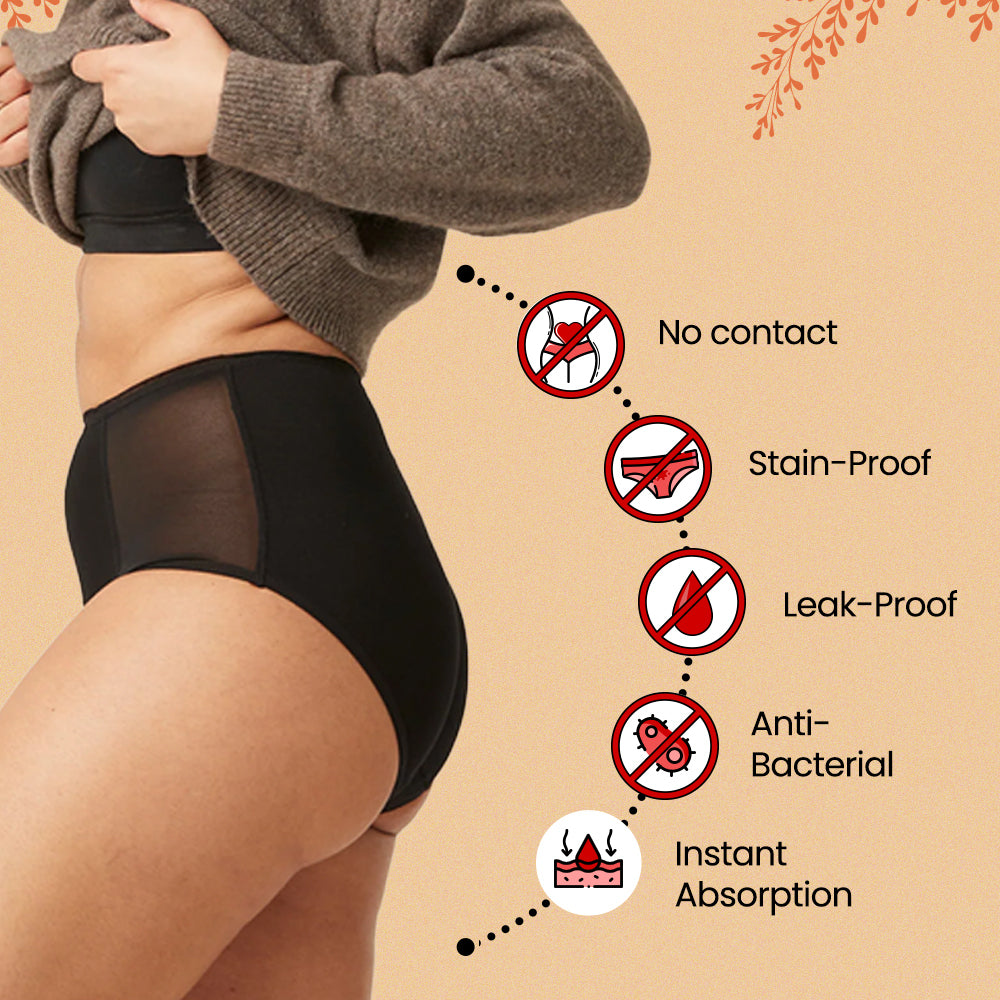 Floren Reusable Period Panty | Leakproof Period Panty | Wide coverage |Stain free period panty for women | No need for pads | Washable upto 60 times | (Black)