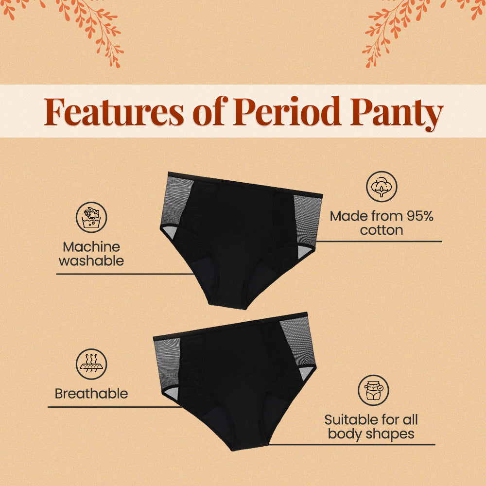 Floren Reusable Period Panty | Leakproof Period Panty | Wide coverage |Stain free period panty for women | No need for pads | Washable upto 60 times | (Black)