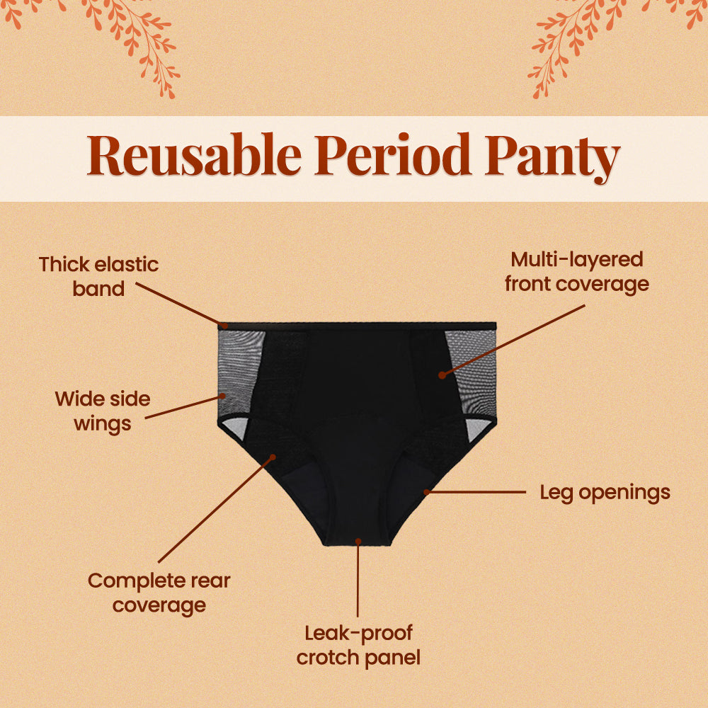 Floren Reusable Period Panty | Leakproof Period Panty | Wide coverage |Stain free period panty for women | No need for pads | Washable upto 60 times | (Black)