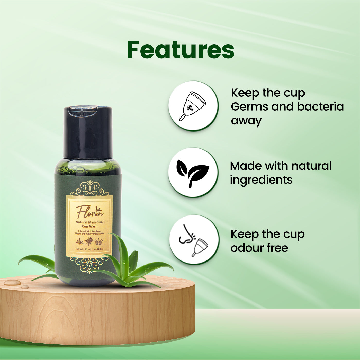 Floren Menstrual Cup Wash with Neem Aloe Vera & Tea Tree Oil to Prevent Infections, Blood Stains, Stickiness and Remove Odour - 50 ml