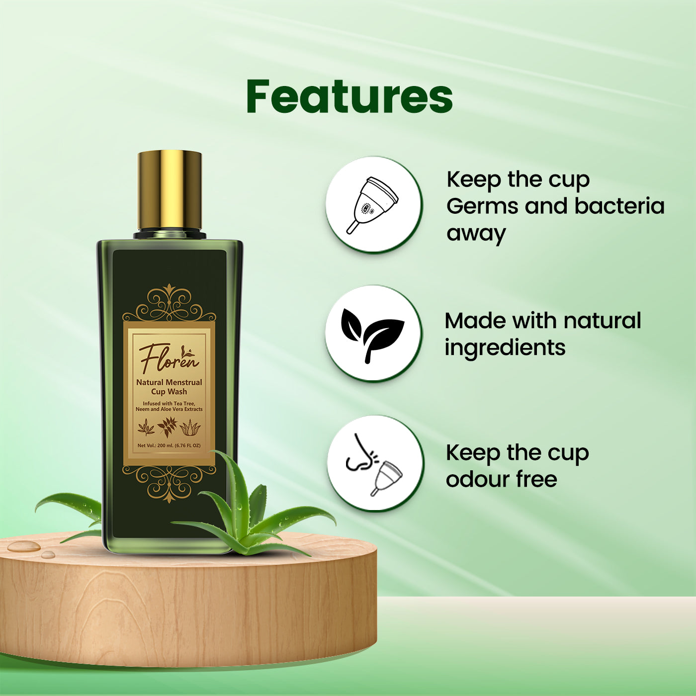 Floren Menstrual Cup Wash with Neem Aloe Vera & Tea Tree Oil to Prevent Infections, Blood Stains, Stickiness and Remove Odour - 200 ml (Pack of 1)