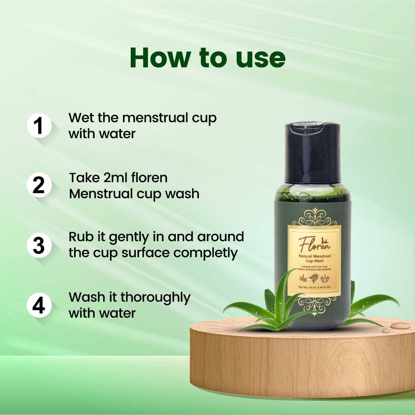 Floren Menstrual Cup Wash with Neem Aloe Vera & Tea Tree Oil to Prevent Infections, Blood Stains, Stickiness and Remove Odour - 50 ml