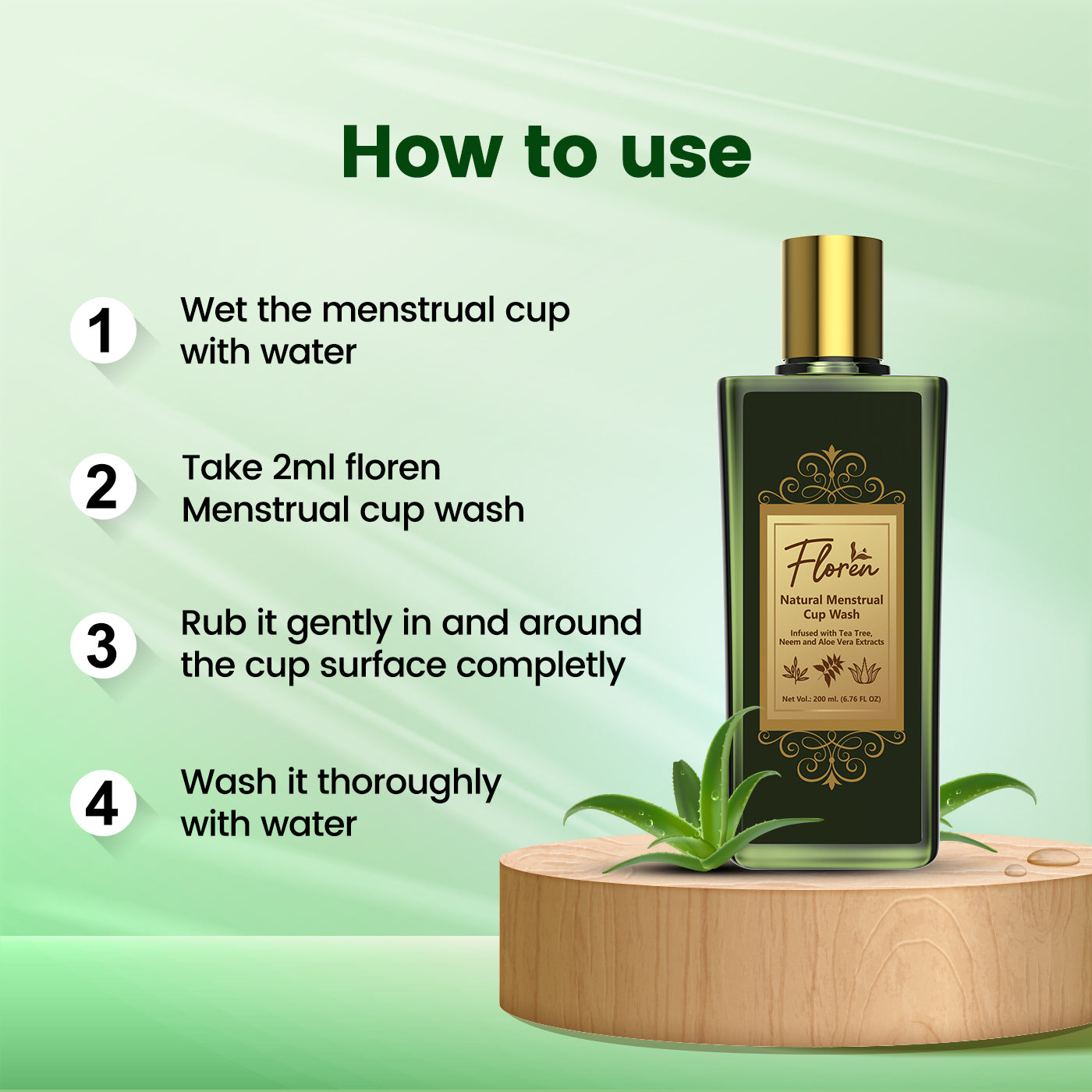 Floren Menstrual Cup Wash with Neem Aloe Vera & Tea Tree Oil to Prevent Infections, Blood Stains, Stickiness and Remove Odour - 200 ml (Pack of 1)