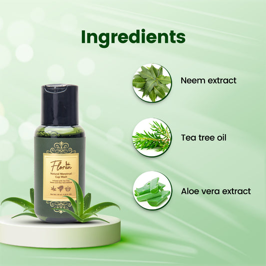 Floren Menstrual Cup Wash with Neem Aloe Vera & Tea Tree Oil to Prevent Infections, Blood Stains, Stickiness and Remove Odour - 50 ml