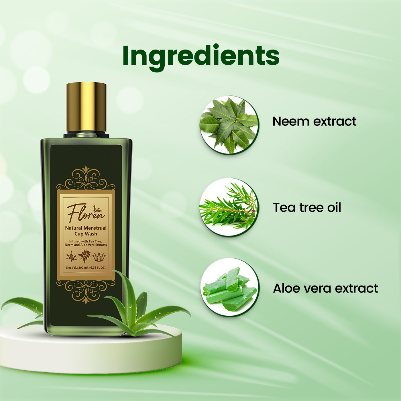 Floren Menstrual Cup Wash with Neem Aloe Vera & Tea Tree Oil to Prevent Infections, Blood Stains, Stickiness and Remove Odour - 200 ml (Pack of 1)