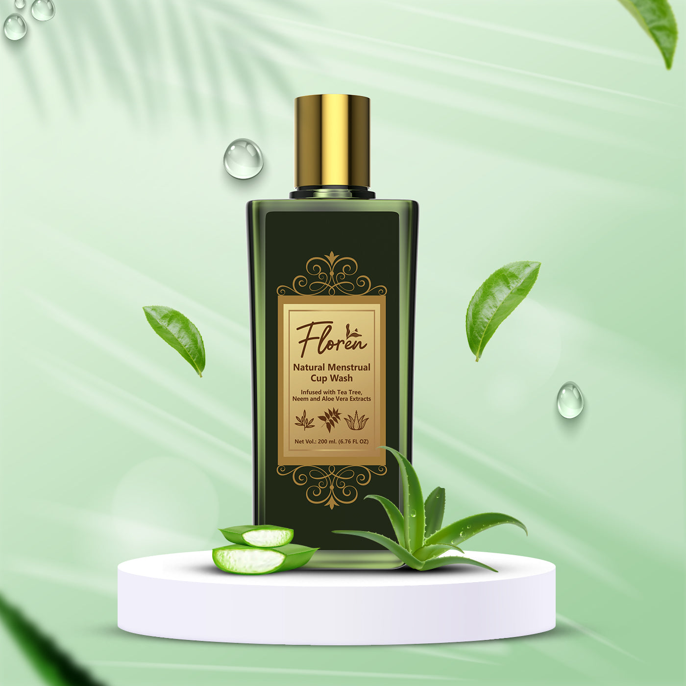 Floren Menstrual Cup Wash with Neem Aloe Vera & Tea Tree Oil to Prevent Infections, Blood Stains, Stickiness and Remove Odour - 200 ml (Pack of 1)