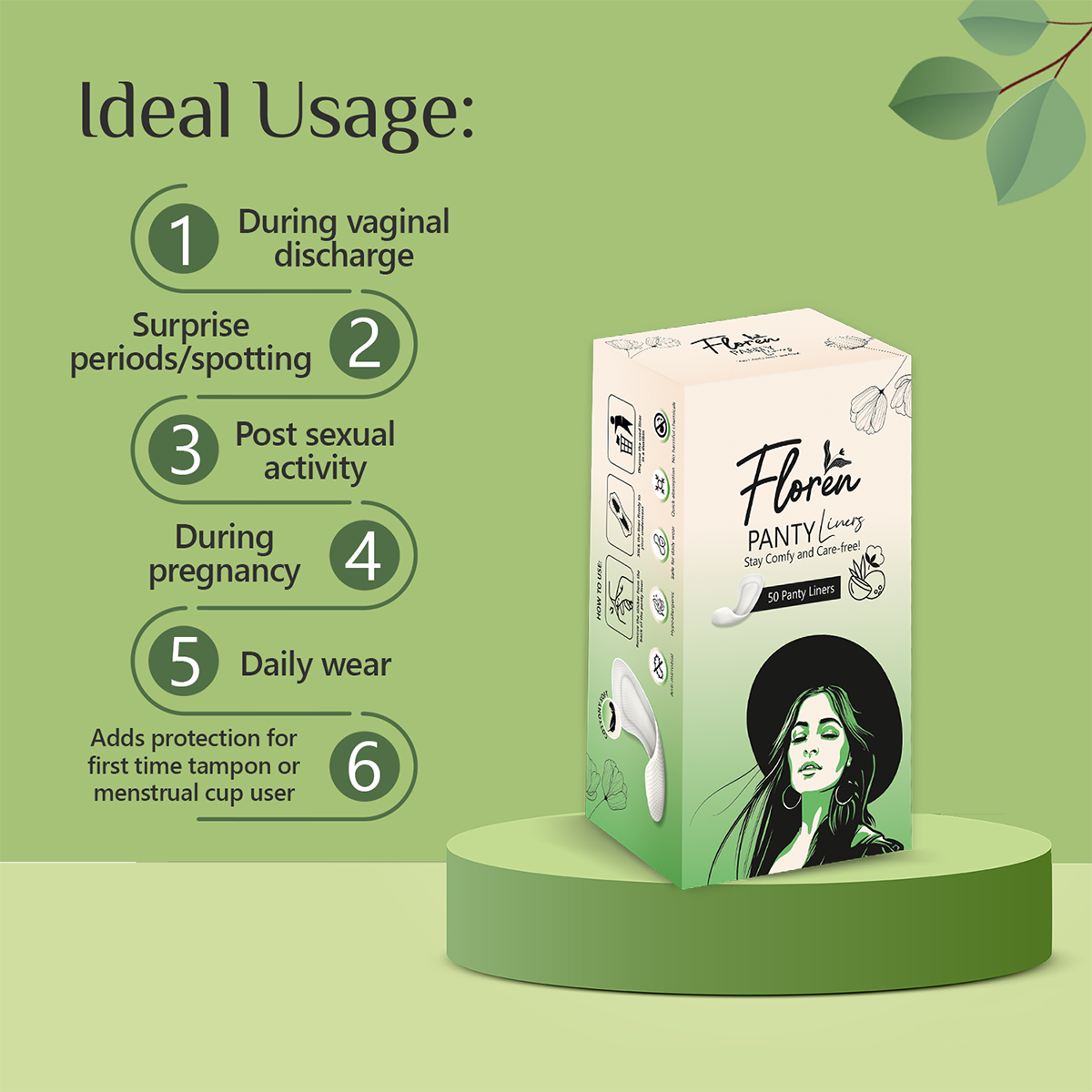 FLOREN Panty Liners | Curvy Design for Extra Comfort | Cottony-Soft Surface with 185mm Wide Optimal Coverage (50 Liners) - Pack of 1